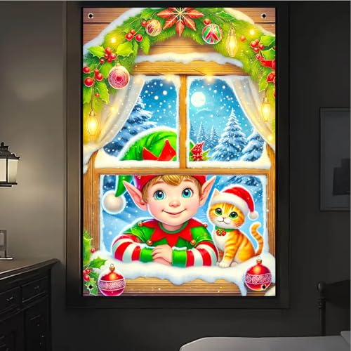 Elf Cat Christmas Window Banner - Fabric 31x47 Inch - Color 3