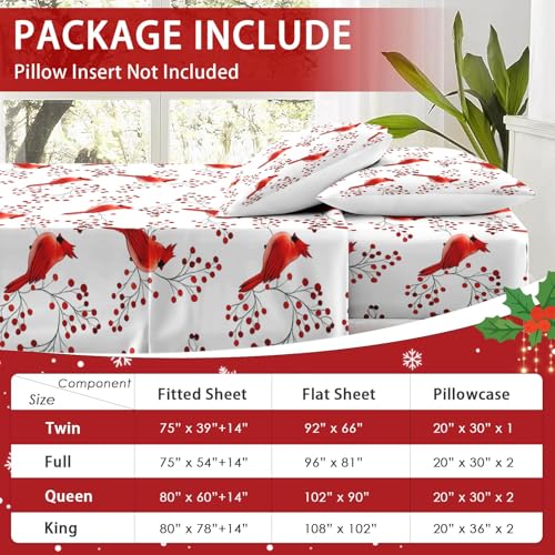 WeCozy Christmas Bird Twin Bed Sheet Set - 3 Pieces, Flat Pillowcase & Deep Pocket Fitted Sheet