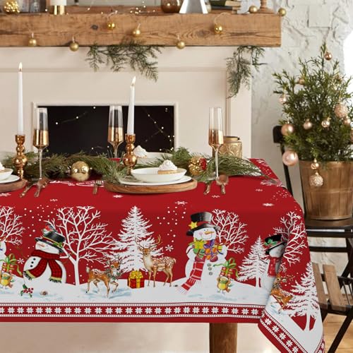 Christmas Tablecloth 60x102 Inch Red Elk Santa Snowman Waterproof Polyester