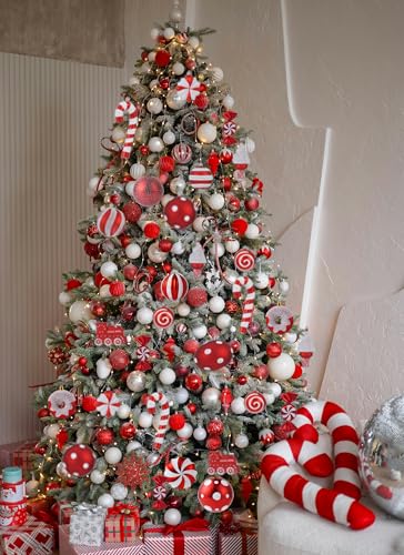 Red & White Christmas Ornaments Set - Candy Cane & Donut Theme, 105 Pcs