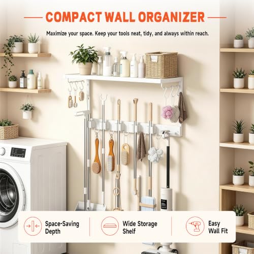 White Wall Mount Broom Holder with Shelf and Hooks - Heavy Duty Garage Organizer
