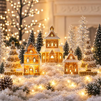 Gingerbread House Christmas Decorations - 5PCS Village Set with Trees - Classic Brown