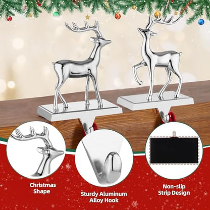 Reindeer Stocking Hangers Set of 2 - Metal Silver Christmas Mantel Hooks