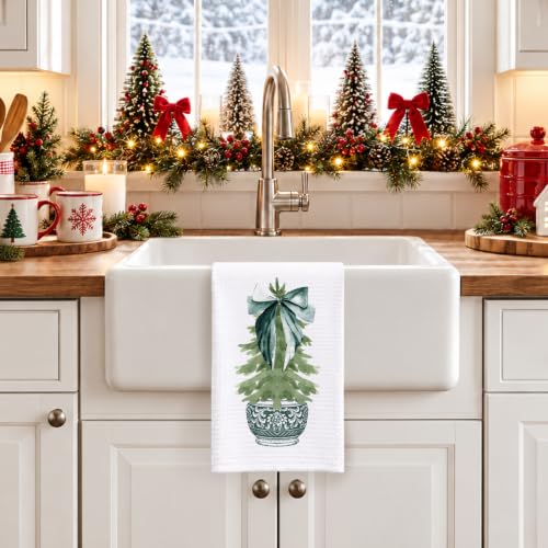 Christmas Green Chinoiserie Kitchen Towels - Dark Green Porcelain Tree Hand Towels, 16x24 Inch, Holiday Decor