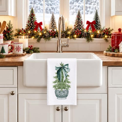 Christmas Green Chinoiserie Kitchen Towels - Dark Green Porcelain Tree Hand Towels, 16x24 Inch, Holiday Decor