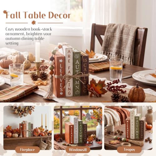 Rustic Maple Leaf Fall Wood Book Stack Table Decorations - Novabright 7 Pcs
