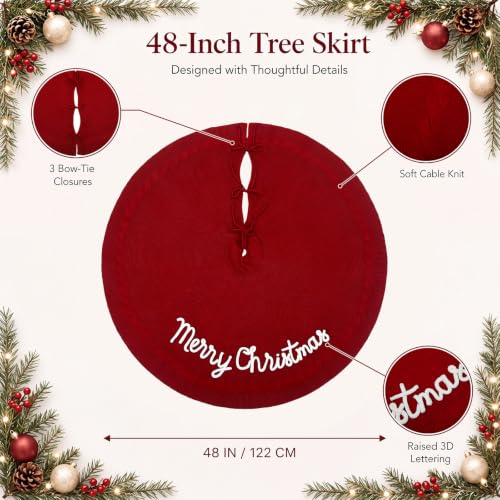 48 Inch Burgundy Knitted Christmas Tree Skirt - Holiday Decor, Gift Idea