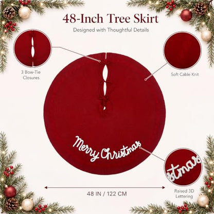 48 Inch Burgundy Knitted Christmas Tree Skirt - Holiday Decor, Gift Idea