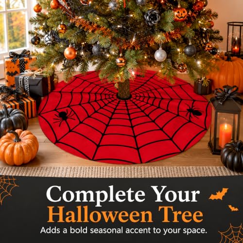 36-Inch Halloween Spider Web Tree Skirt with Red & Black Web Design - Gothic Holiday Decoration
