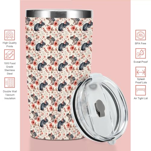 Cute Rat Tumbler 20 oz Stainless Steel Coffee Mug Travel Cup Insulated - Mouse Flower Variation