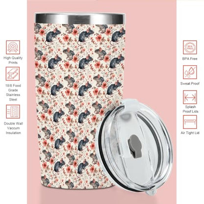 Cute Rat Tumbler 20 oz Stainless Steel Coffee Mug Travel Cup Insulated - Mouse Flower Variation