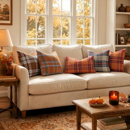 MIULEE Fall Plaid Decorative Pillow Covers Set of 2 18x18 Inches - Orange & Green