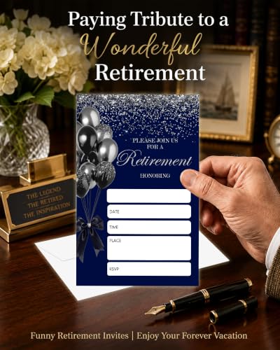 Navy Blue Retirement Party Invitations Set with Envelopes - 25 pcs