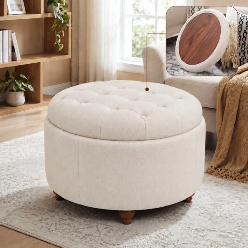 Round Ottoman with Storage and Reversible Tray - Camel, 25 Inch