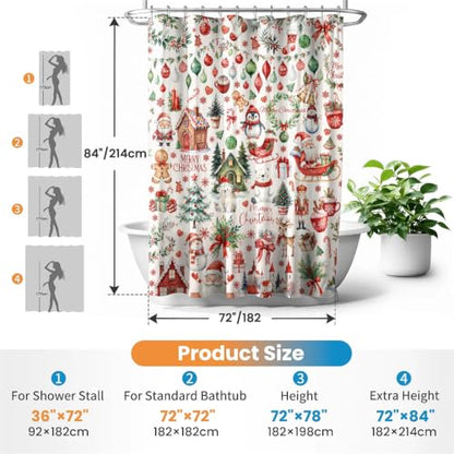 Christmas Shower Curtain Set with Hooks - 72 x 84 Inch Water-Resistant Polyester