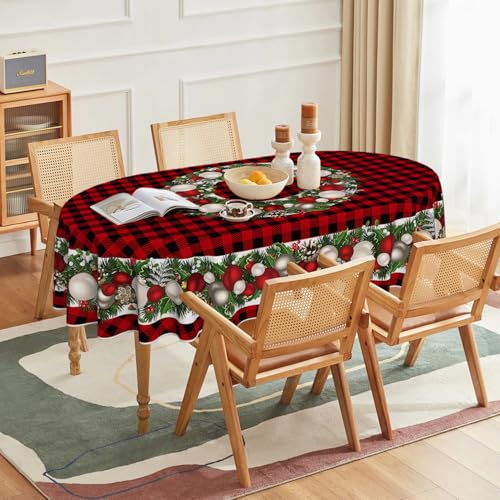 Christmas Tablecloth 60 x 84 Inch Oval with Holiday Ball Ornaments - Red
