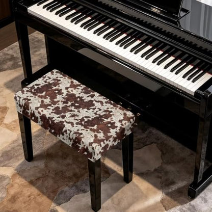 Dark Brown Cow Print Piano Stool Cover Small Slipcover with Bottom Straps