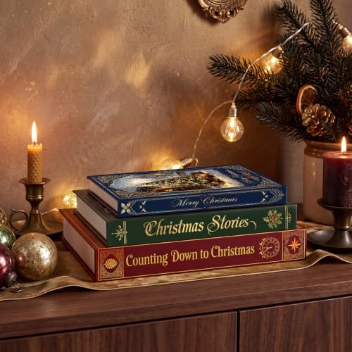 Christmas Faux Book Storage Boxes Set - 3 Decorative Holiday Book Boxes - Variation of Christmas