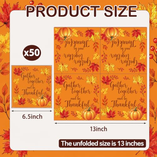 50 Pack Thanksgiving Paper Napkins - Fall Harvest Design for Autumn Celebrations