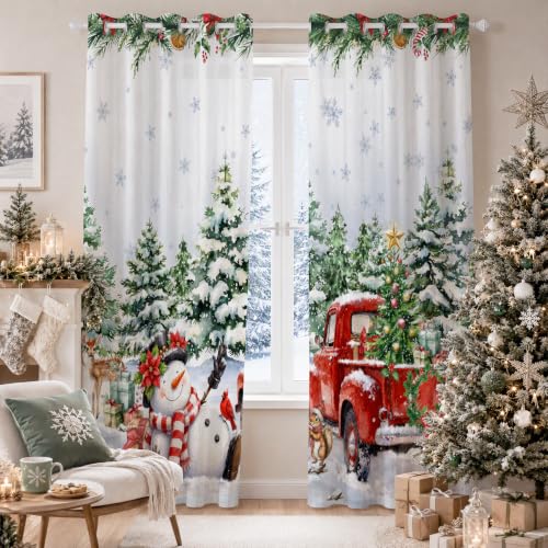 Christmas 01 Snowman Red Truck Holiday Window Curtain Set - 52 x 84 Inches, 2 Panels