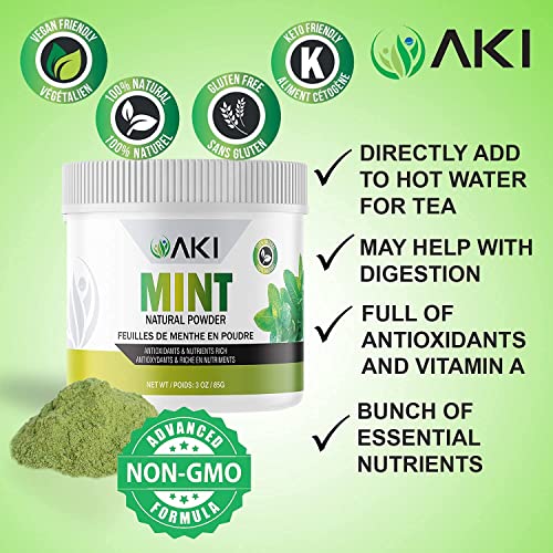 AKI Refreshing Mint Leaves Powder - Non-GMO, and Vegan Friendly | May Supports Digestion and Useful in Flavoring, Cooking, Baking, Drinks Tea, Cocktails, (3 Oz / 85g)