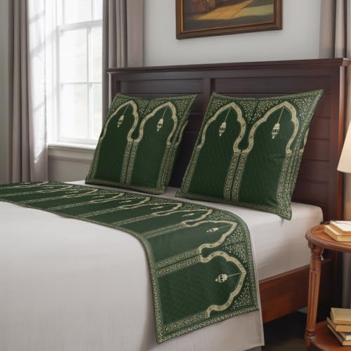 83x20 Inch Forest Green Bed Runner & Pillow Cover Set for Queen Size Bed, Boho Ethnic Decor