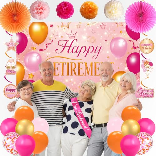 Holkcog Pink Orange Retirement Party Decorations Set - Banner, Balloons, Fans