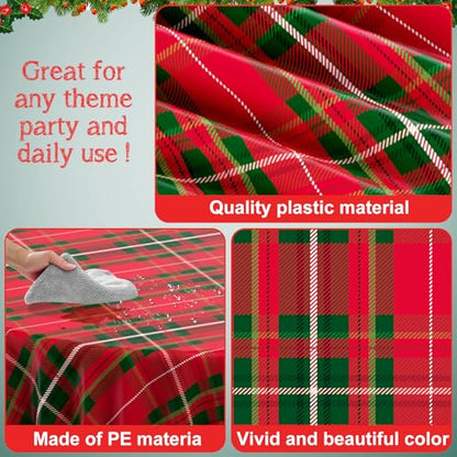 6 Pack Christmas Checkered Plaid Disposable Round Tablecloths - 84 Inches, Dark Red & Green