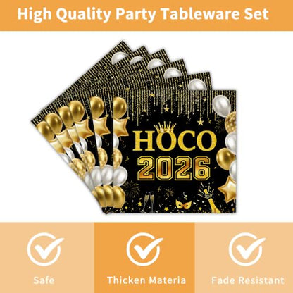 Black Gold HOCO 2026 Homecoming Decorations 96-Piece Party Set for 24 Guests