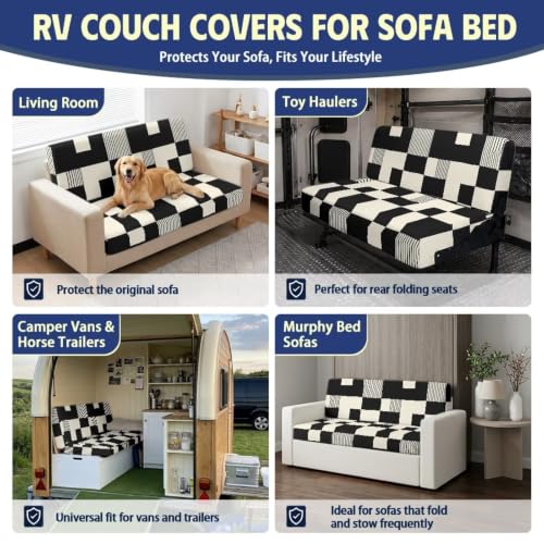 Checkered RV Jackknife Couch Cover Set Black White for Sofa Bed