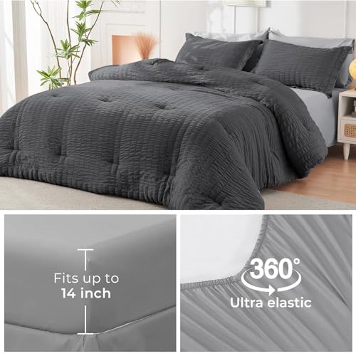 HYMOKEGE Dark Grey/Light Grey California King Comforter Set Seersucker 7 Pieces, All Season Luxury Bed in a Bag for Bedroom, Bedding Set with Comforter, Sheets, Pillowcases & Shams