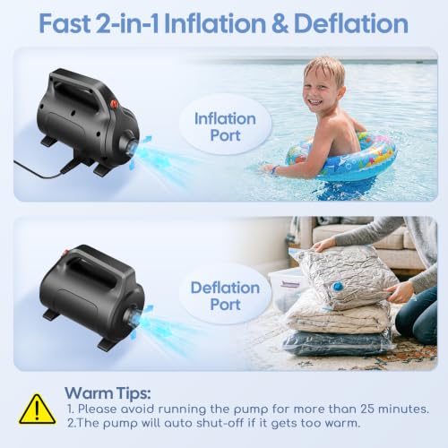 Electric Air Pump for Inflatables - 901-600W Quick-Fill Inflator & Deflator with 4 Nozzles, Portable AC 110-120V