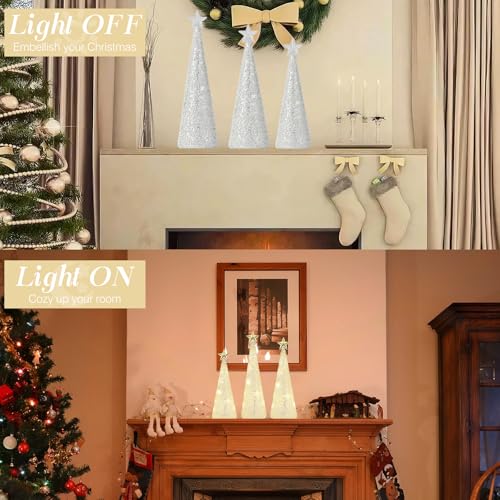 Lewondr LED Glass Christmas Tree Set - White Glitter Beads, 3PCS Variation White