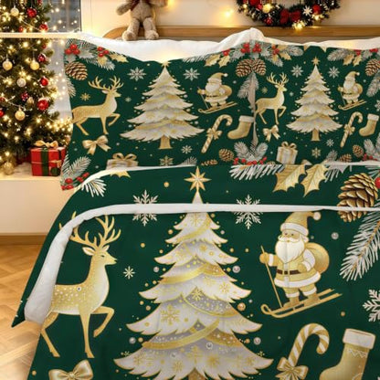 Christmas Comforter Set Queen Size - Gold Reindeer Tree Bedding 3 Pcs - Holiday Bedding