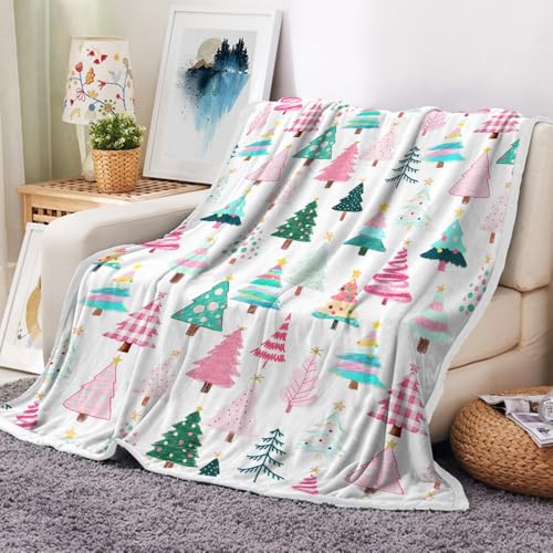 Pink Christmas Tree Throw Blanket - 50x60in Soft Warm Holiday Home Decor - Pink / 50x60 IN