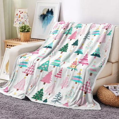 Pink Christmas Tree Throw Blanket - 50x60in Soft Warm Holiday Home Decor - Pink / 50x60 IN