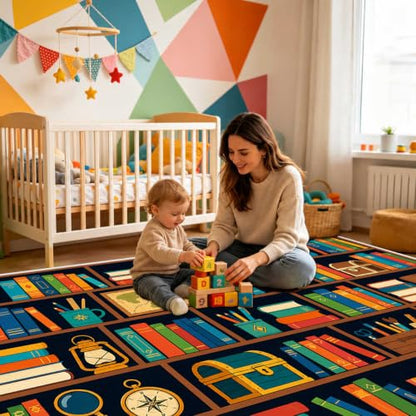 Colorful Bookworm Area Rug 5x7 for Kids' Reading Nook Bedroom Living Room - Non-Slip
