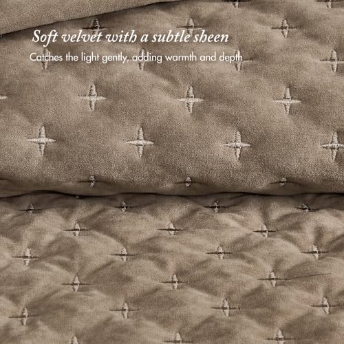 Queen Velvet Quilt Set with Cross Stitch Embroidery Taupe - 3 Piece