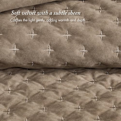Queen Velvet Quilt Set with Cross Stitch Embroidery Taupe - 3 Piece