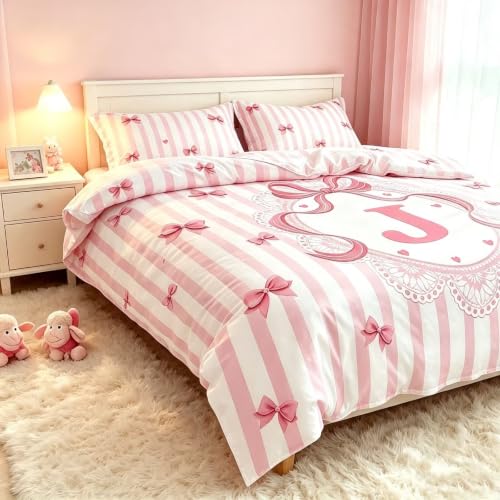 Pink Letter J Duvet Cover Set Twin Size Kids Bedding with Bow Design - Pink J Variation