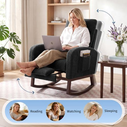Nursery Rocking Chair with Adjustable Footrest & Side Pocket - Modern Accent Glider