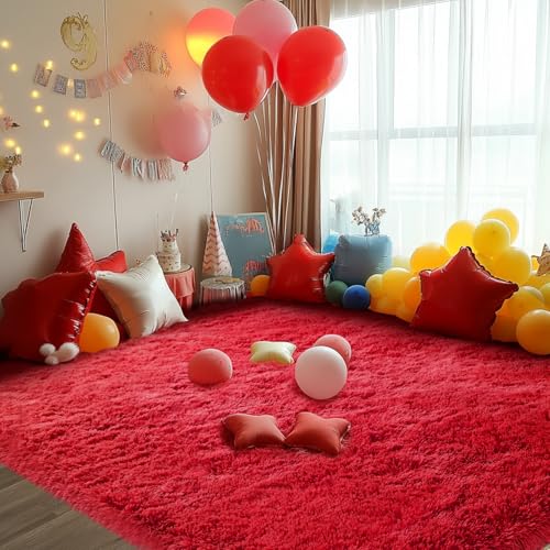 Red Fluffy Rug 4x6 ft Plush Non-Slip Bedroom Carpet - Cozy Shag Home Decor