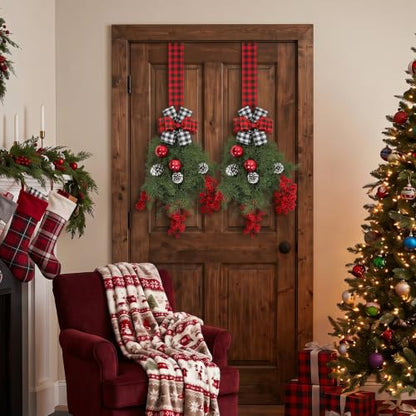 Christmas Teardrop Door Swag Wreath with Buffalo Plaid Bow - Holiday Decor