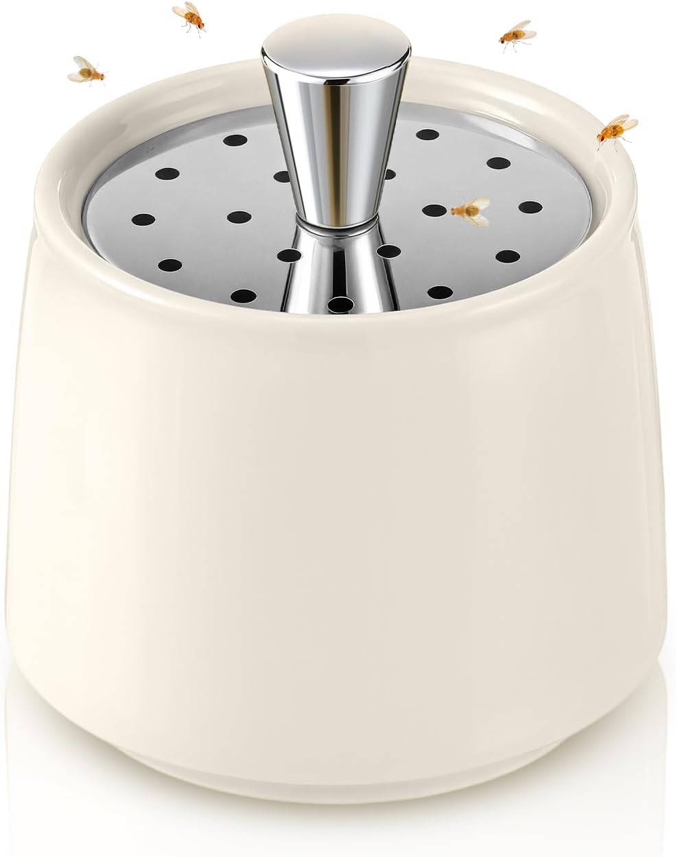 Skiennix Ceramic Fruit Fly Trap - Reusable Kitchen Fly Catcher with Stainless Steel Vent Lid | Dishwasher Safe, Easy to Use (White, 1 Pack)