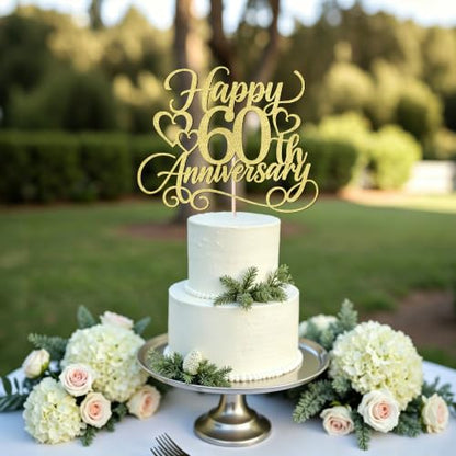 Happy 60th Anniversary Cake Topper Glitter Celebration Decoration - Gold