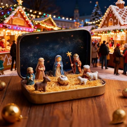 Mini Christmas Nativity Set in Tin Box - Holy Family Figurines, Small Creche, Resin, 2 Pieces