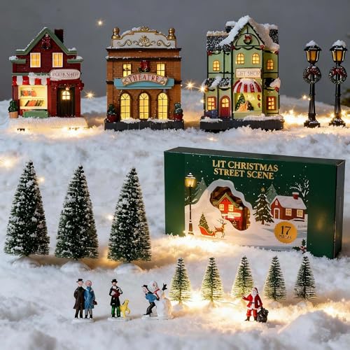 Christmas Village Set with LED Lighted Houses & Figurines - 17 Pieces for Holiday Decor