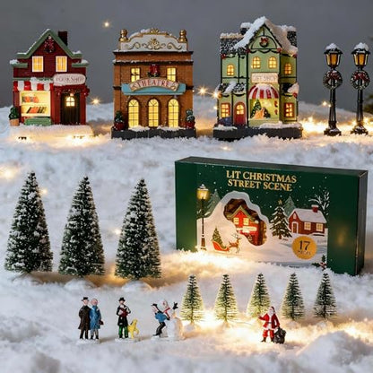 Christmas Village Set with LED Lighted Houses & Figurines - 17 Pieces for Holiday Decor