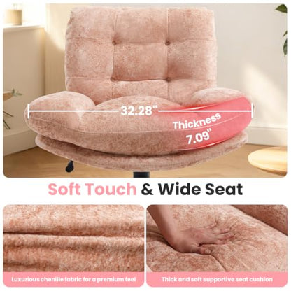 Pink Wide Plush Office Desk Chair with Criss Cross Rolling Design - Comfortable & Adjustable