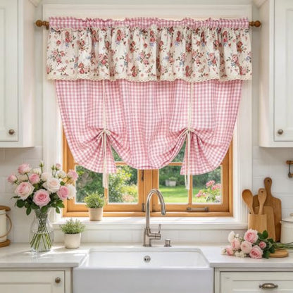 Pink Floral Gingham Tie-Up Balloon Curtain with Lace Trim - 55W x 63L